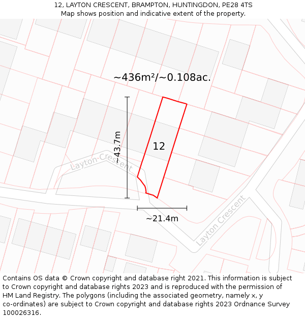 12, LAYTON CRESCENT, BRAMPTON, HUNTINGDON, PE28 4TS: Plot and title map