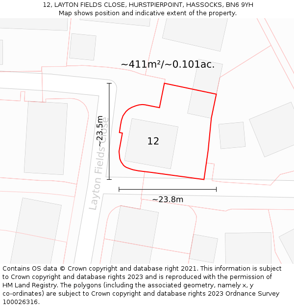 12, LAYTON FIELDS CLOSE, HURSTPIERPOINT, HASSOCKS, BN6 9YH: Plot and title map