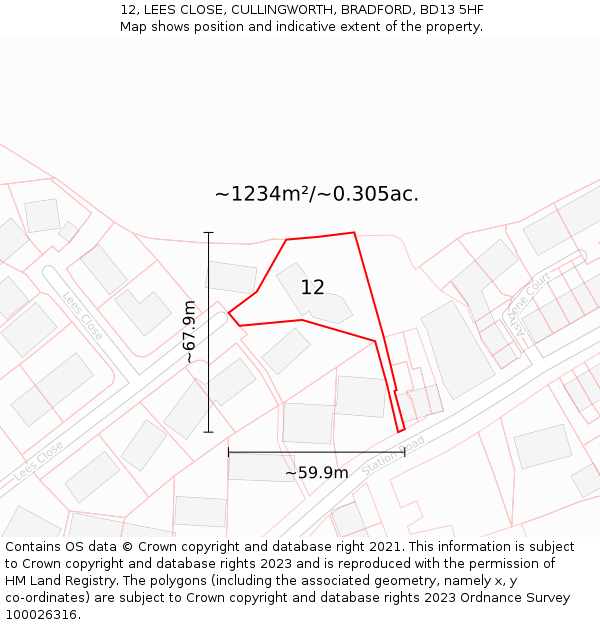 12, LEES CLOSE, CULLINGWORTH, BRADFORD, BD13 5HF: Plot and title map