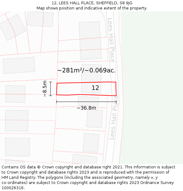 12, LEES HALL PLACE, SHEFFIELD, S8 9JG: Plot and title map