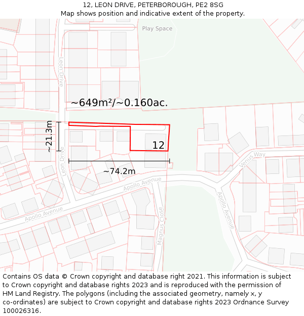 12, LEON DRIVE, PETERBOROUGH, PE2 8SG: Plot and title map