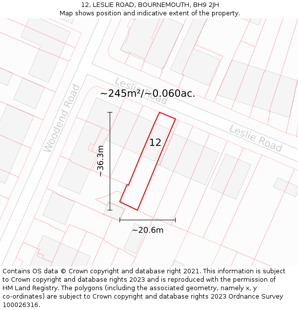 12, LESLIE ROAD, BOURNEMOUTH, BH9 2JH: Plot and title map