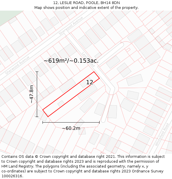 12, LESLIE ROAD, POOLE, BH14 8DN: Plot and title map