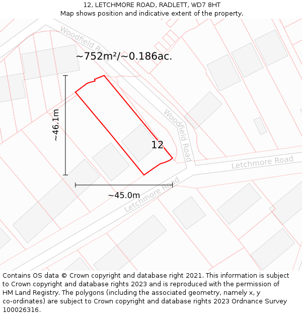 12, LETCHMORE ROAD, RADLETT, WD7 8HT: Plot and title map