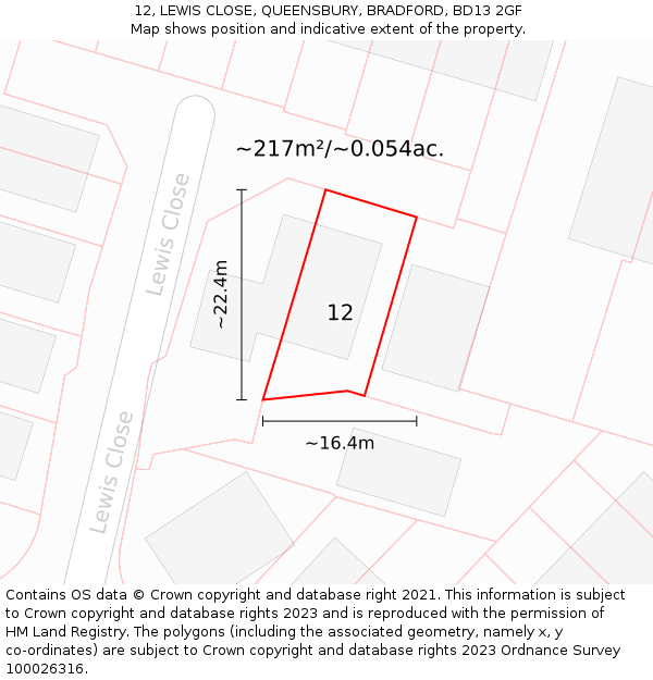 12, LEWIS CLOSE, QUEENSBURY, BRADFORD, BD13 2GF: Plot and title map