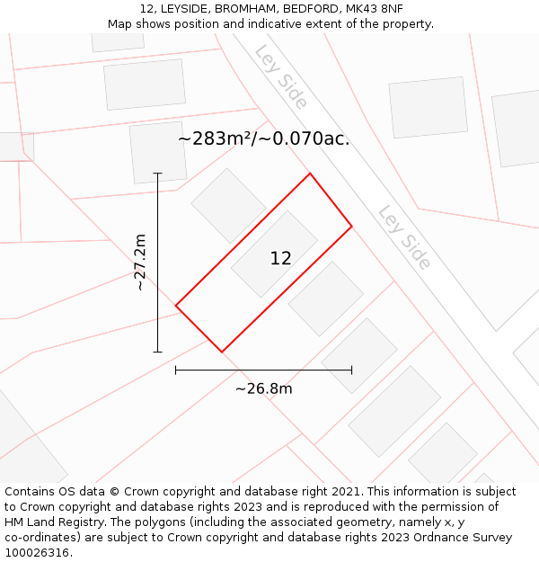 12, LEYSIDE, BROMHAM, BEDFORD, MK43 8NF: Plot and title map