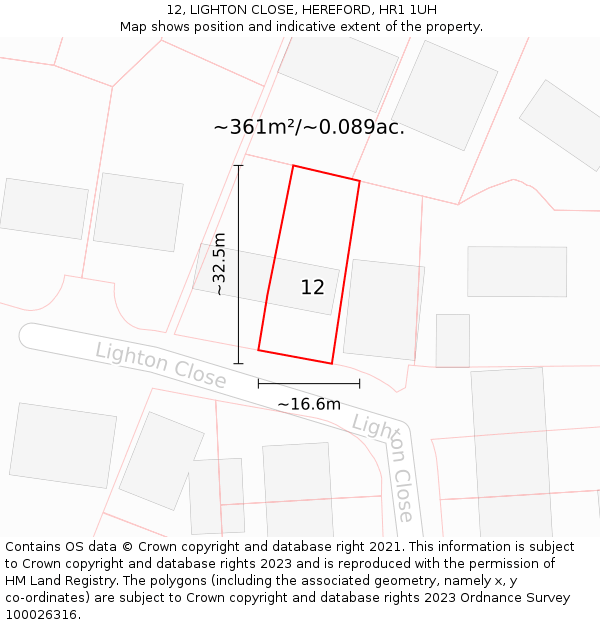 12, LIGHTON CLOSE, HEREFORD, HR1 1UH: Plot and title map