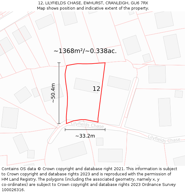 12, LILYFIELDS CHASE, EWHURST, CRANLEIGH, GU6 7RX: Plot and title map