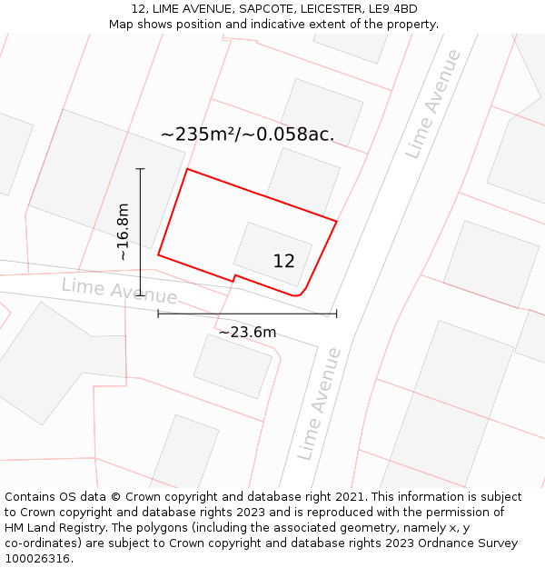 12, LIME AVENUE, SAPCOTE, LEICESTER, LE9 4BD: Plot and title map