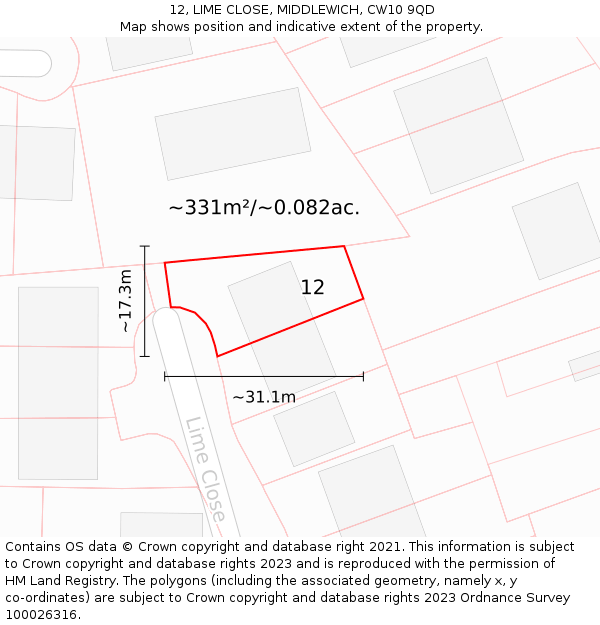 12, LIME CLOSE, MIDDLEWICH, CW10 9QD: Plot and title map