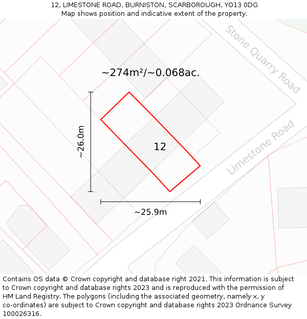 12, LIMESTONE ROAD, BURNISTON, SCARBOROUGH, YO13 0DG: Plot and title map