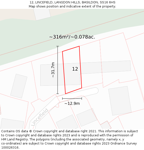 12, LINCEFIELD, LANGDON HILLS, BASILDON, SS16 6HS: Plot and title map