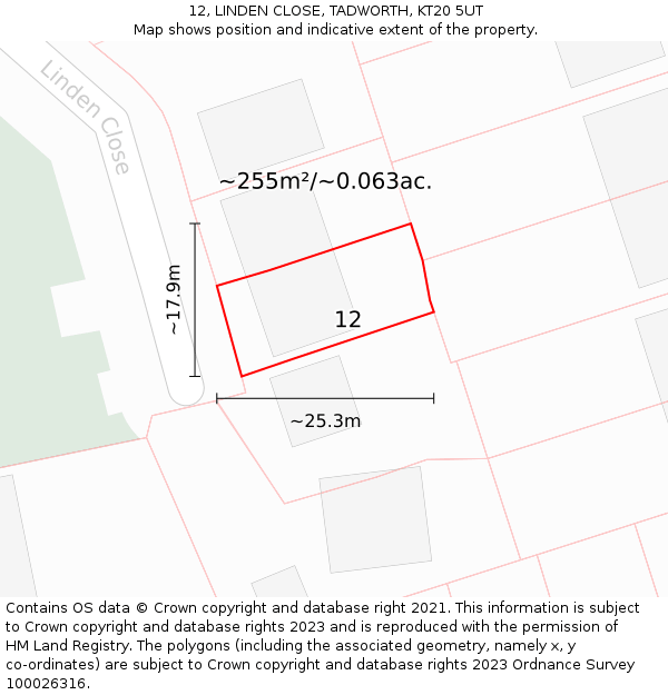 12, LINDEN CLOSE, TADWORTH, KT20 5UT: Plot and title map