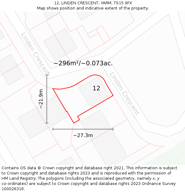 12, LINDEN CRESCENT, YARM, TS15 9FX: Plot and title map