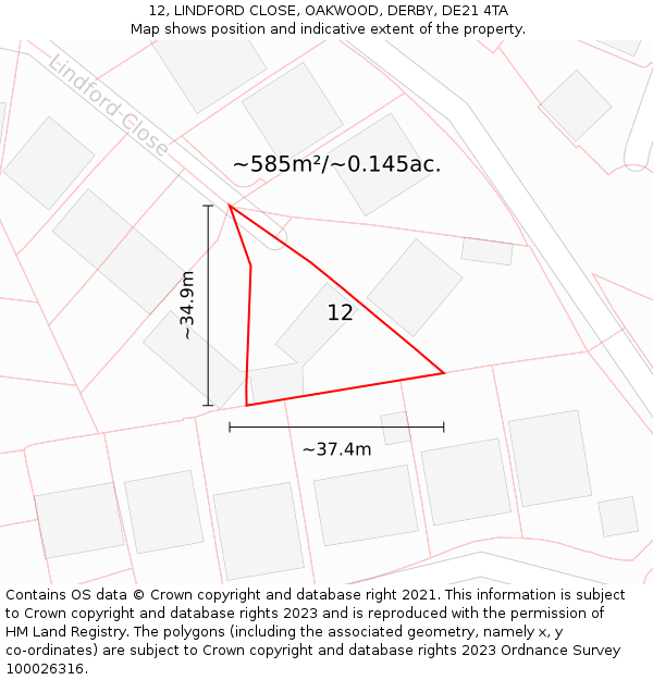 12, LINDFORD CLOSE, OAKWOOD, DERBY, DE21 4TA: Plot and title map