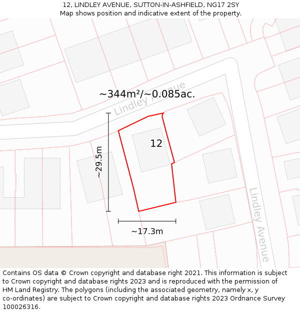 12, LINDLEY AVENUE, SUTTON-IN-ASHFIELD, NG17 2SY: Plot and title map