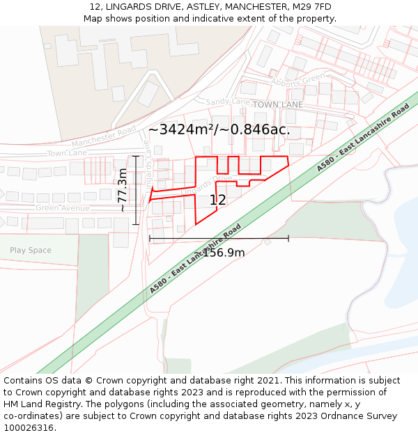 12, LINGARDS DRIVE, ASTLEY, MANCHESTER, M29 7FD: Plot and title map