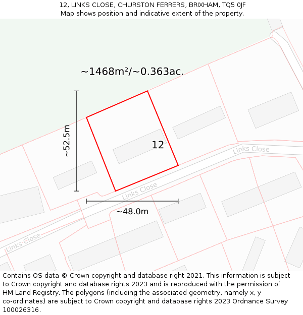12, LINKS CLOSE, CHURSTON FERRERS, BRIXHAM, TQ5 0JF: Plot and title map