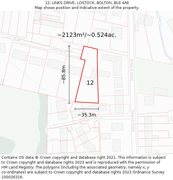 12, LINKS DRIVE, LOSTOCK, BOLTON, BL6 4AE: Plot and title map