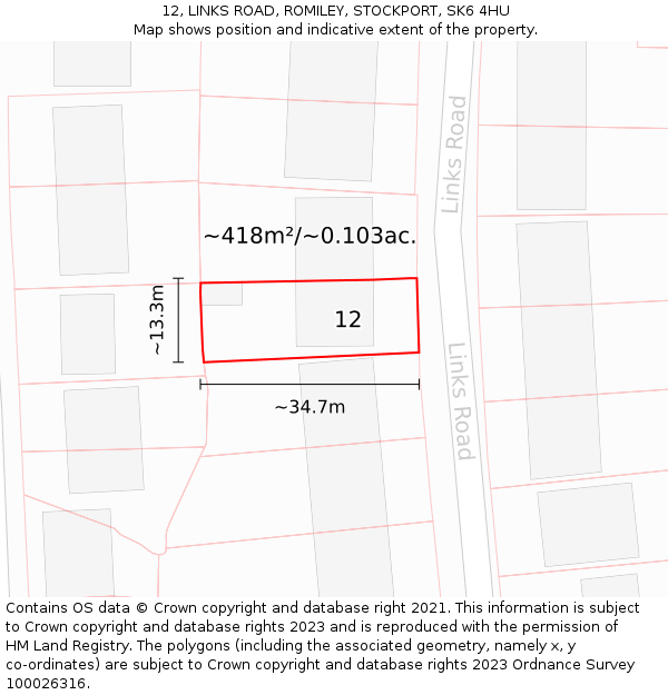 12, LINKS ROAD, ROMILEY, STOCKPORT, SK6 4HU: Plot and title map