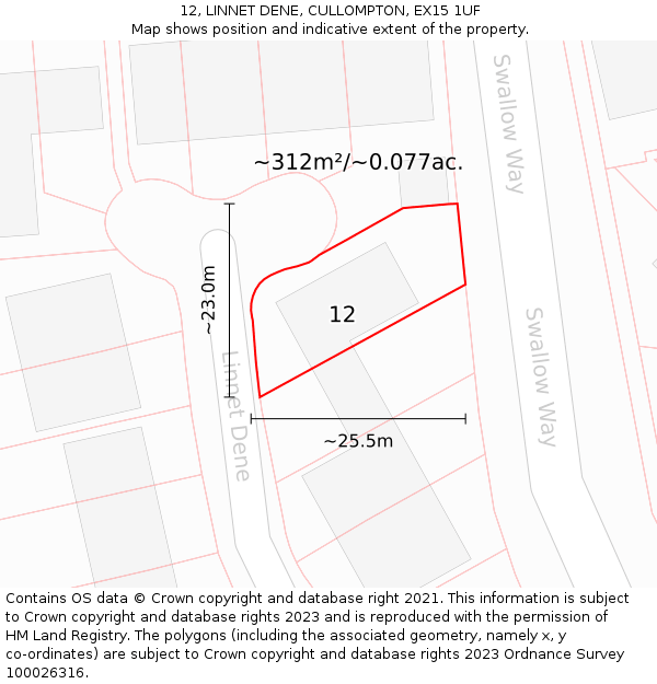 12, LINNET DENE, CULLOMPTON, EX15 1UF: Plot and title map