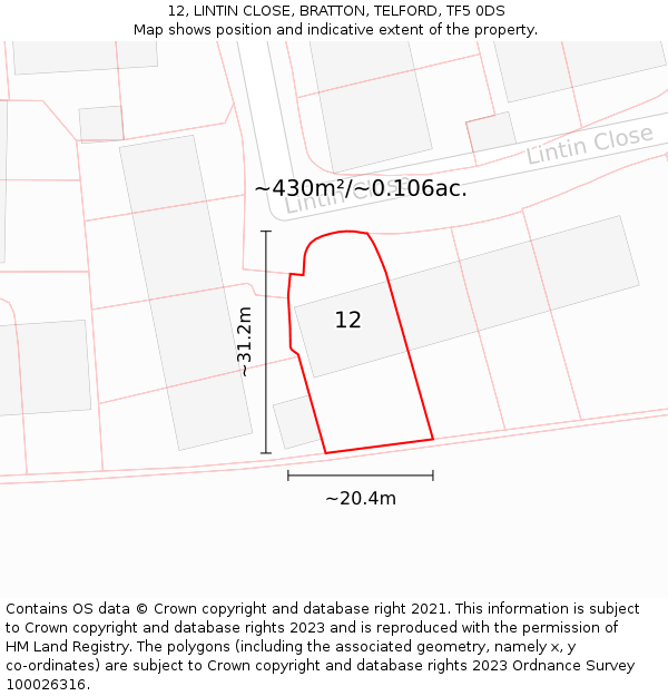 12, LINTIN CLOSE, BRATTON, TELFORD, TF5 0DS: Plot and title map