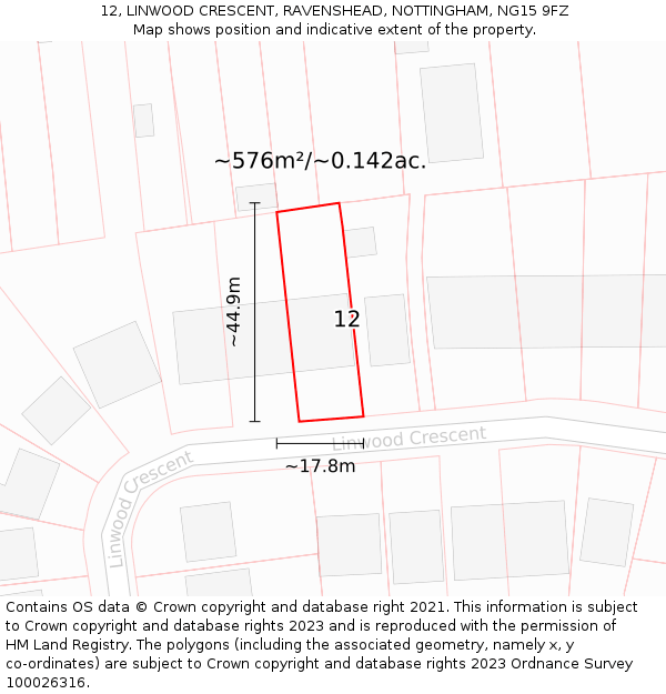 12, LINWOOD CRESCENT, RAVENSHEAD, NOTTINGHAM, NG15 9FZ: Plot and title map