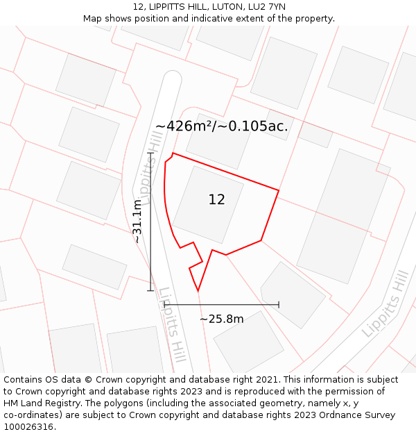 12, LIPPITTS HILL, LUTON, LU2 7YN: Plot and title map