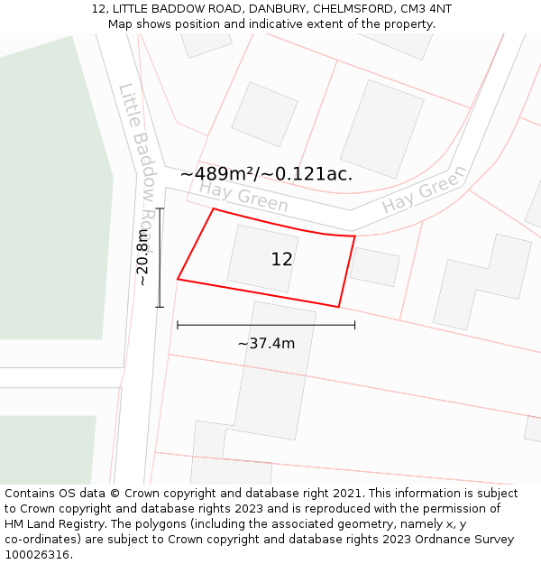 12, LITTLE BADDOW ROAD, DANBURY, CHELMSFORD, CM3 4NT: Plot and title map