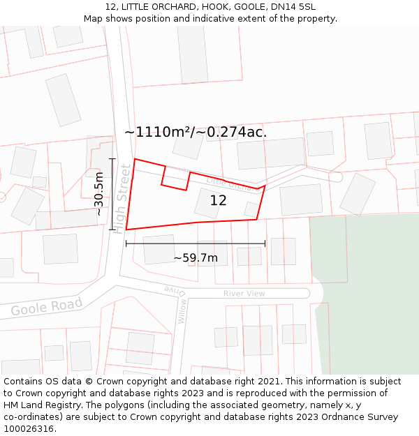 12, LITTLE ORCHARD, HOOK, GOOLE, DN14 5SL: Plot and title map