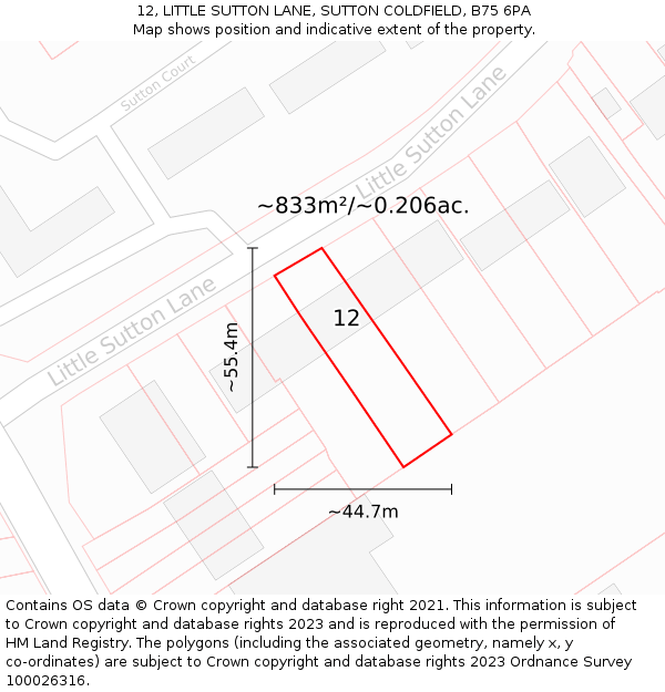 12, LITTLE SUTTON LANE, SUTTON COLDFIELD, B75 6PA: Plot and title map