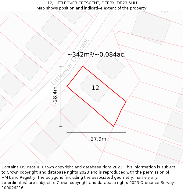 12, LITTLEOVER CRESCENT, DERBY, DE23 6HU: Plot and title map