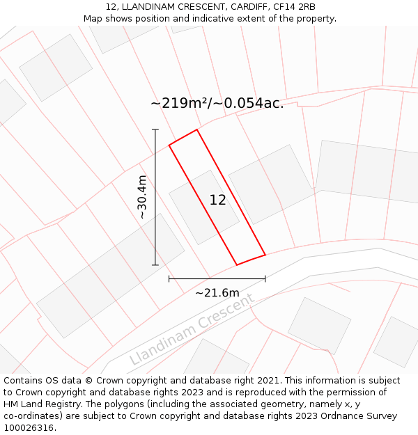 12, LLANDINAM CRESCENT, CARDIFF, CF14 2RB: Plot and title map