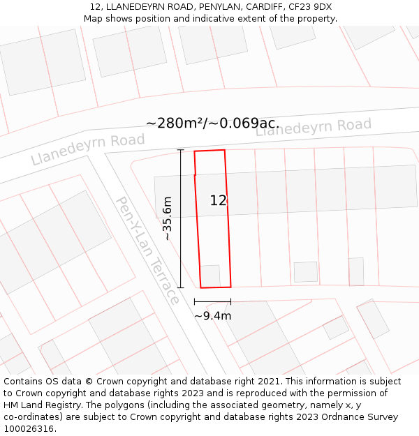 12, LLANEDEYRN ROAD, PENYLAN, CARDIFF, CF23 9DX: Plot and title map