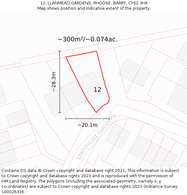 12, LLANMEAD GARDENS, RHOOSE, BARRY, CF62 3HX: Plot and title map