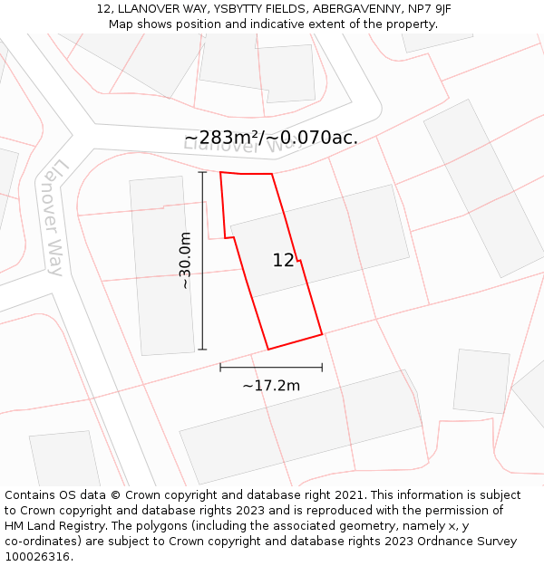 12, LLANOVER WAY, YSBYTTY FIELDS, ABERGAVENNY, NP7 9JF: Plot and title map