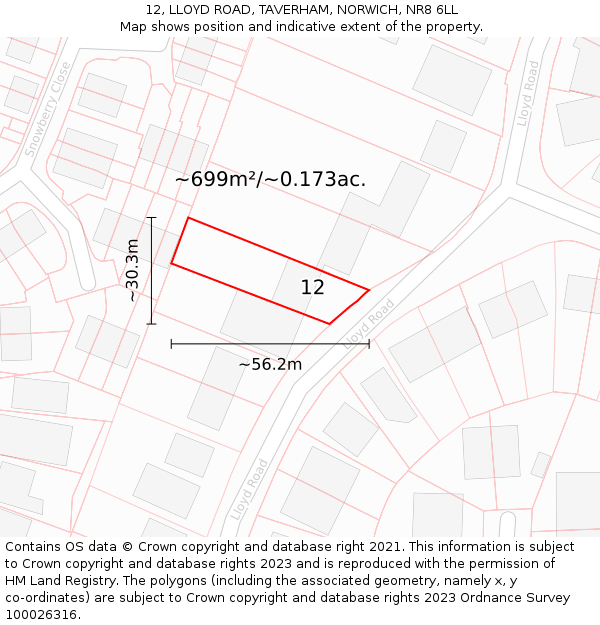 12, LLOYD ROAD, TAVERHAM, NORWICH, NR8 6LL: Plot and title map