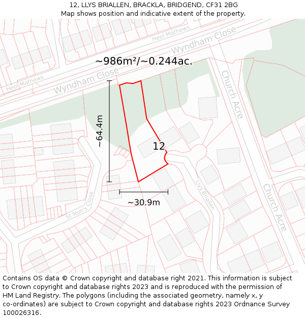 12, LLYS BRIALLEN, BRACKLA, BRIDGEND, CF31 2BG: Plot and title map