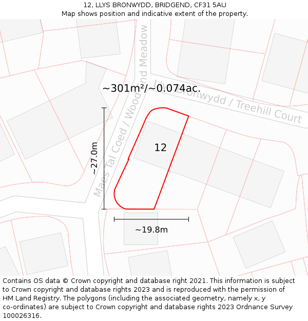 12, LLYS BRONWYDD, BRIDGEND, CF31 5AU: Plot and title map