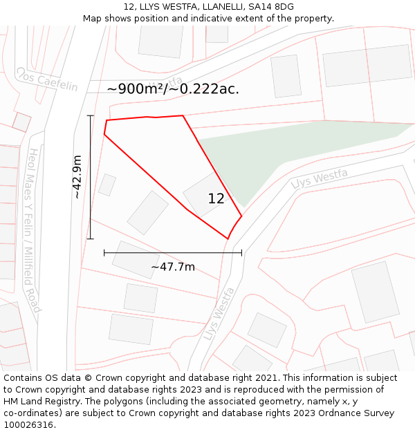 12, LLYS WESTFA, LLANELLI, SA14 8DG: Plot and title map