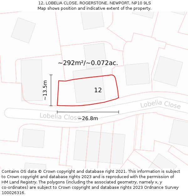 12, LOBELIA CLOSE, ROGERSTONE, NEWPORT, NP10 9LS: Plot and title map