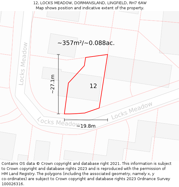 12, LOCKS MEADOW, DORMANSLAND, LINGFIELD, RH7 6AW: Plot and title map