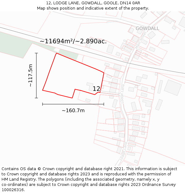 12, LODGE LANE, GOWDALL, GOOLE, DN14 0AR: Plot and title map