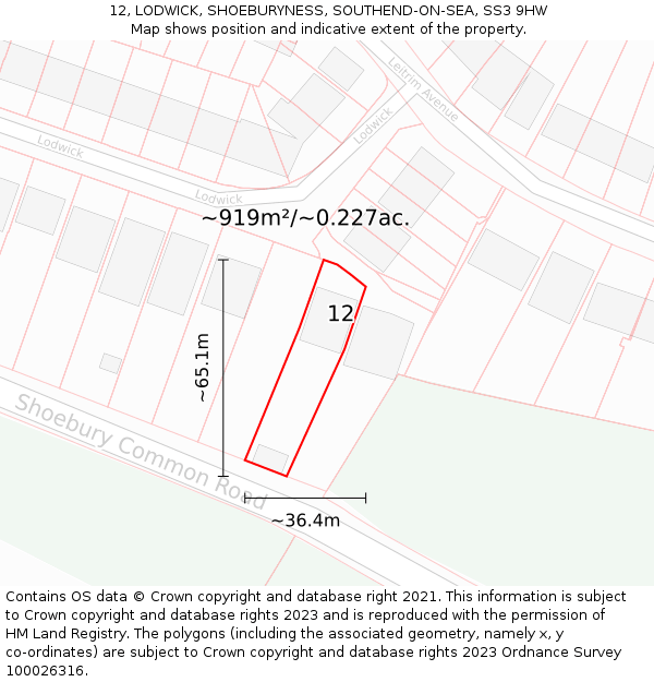 12, LODWICK, SHOEBURYNESS, SOUTHEND-ON-SEA, SS3 9HW: Plot and title map