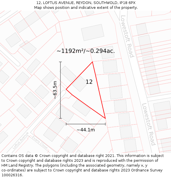 12, LOFTUS AVENUE, REYDON, SOUTHWOLD, IP18 6PX: Plot and title map