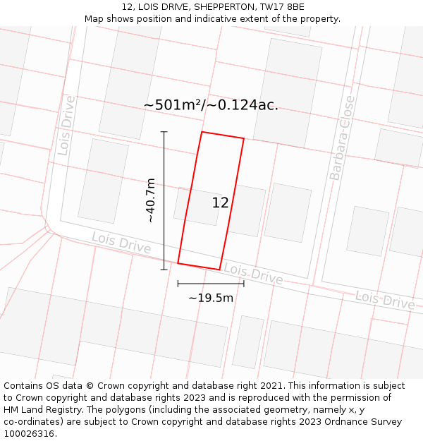 12, LOIS DRIVE, SHEPPERTON, TW17 8BE: Plot and title map