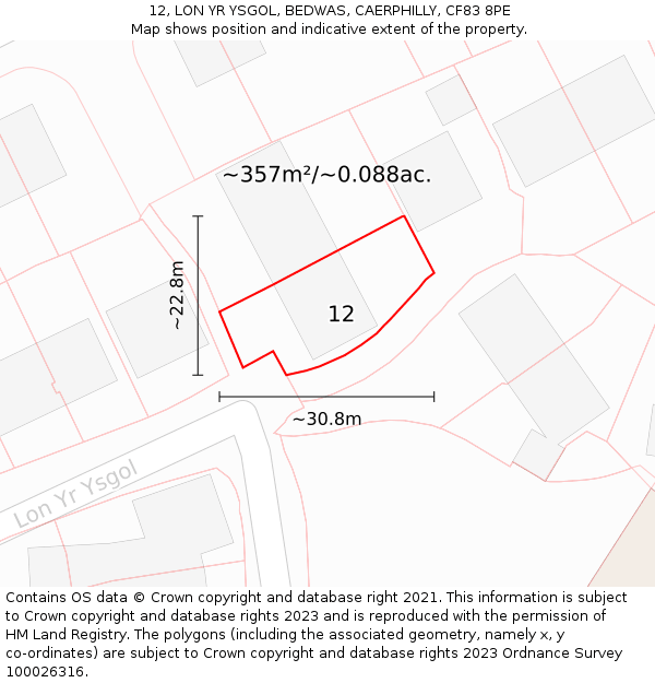 12, LON YR YSGOL, BEDWAS, CAERPHILLY, CF83 8PE: Plot and title map