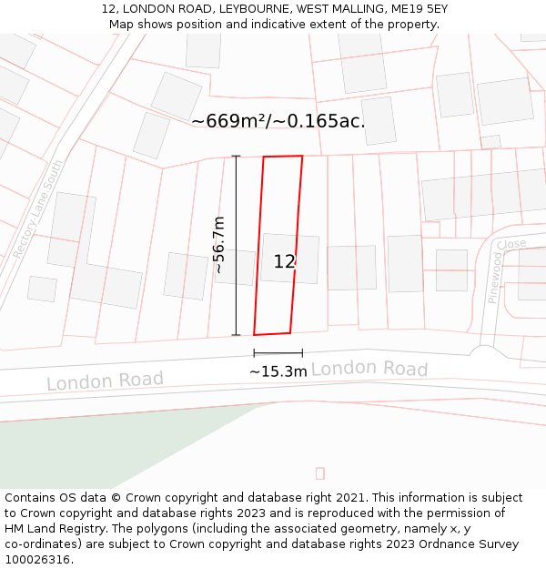 12, LONDON ROAD, LEYBOURNE, WEST MALLING, ME19 5EY: Plot and title map