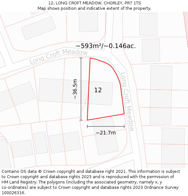 12, LONG CROFT MEADOW, CHORLEY, PR7 1TS: Plot and title map