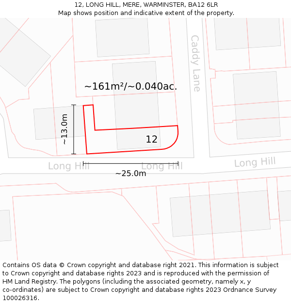 12, LONG HILL, MERE, WARMINSTER, BA12 6LR: Plot and title map